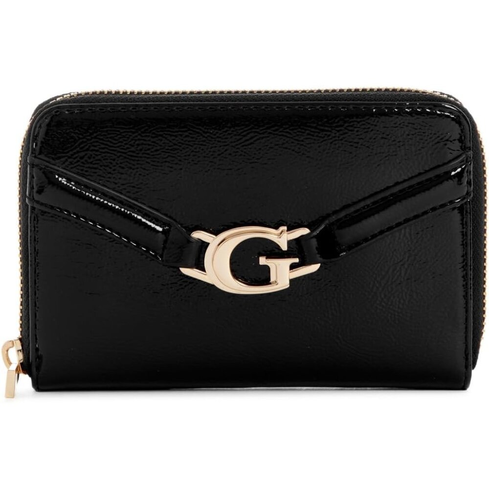 DEA Women's Medium Zip Around Wallet Black Patent PU Shiny Gold Hardware